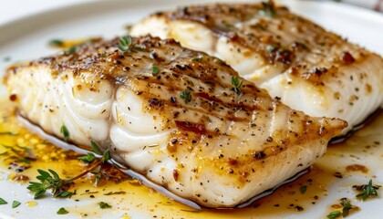 Chef preparing grilled fish filet in creamy lemon butter or spicy cajun sauce with herbs