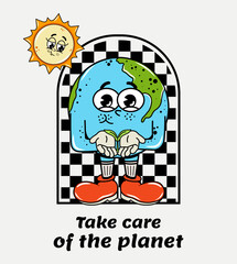 Trendy Character in groovy style. Elements of y2k design.  Environment. Preserving the planet. Earth Day. Vector illustration. Retro and hippie style. 70s, 80s, 90s. The planet is falling a leaf. Eco