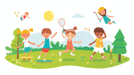 Obraz na płótnie Canvas Children play in summer park vector illustration. Cart