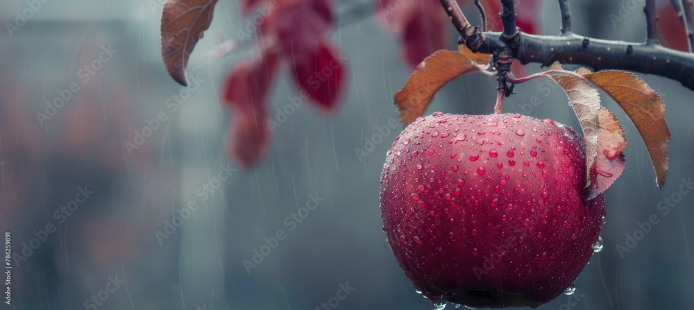Poster macro close up of fresh apple with dew drops hanging on tree wide banner with space for text