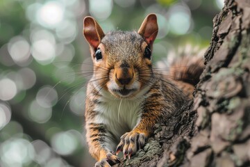 Obraz premium A funny curious squirrel in a city park looks straight into the camera. Close-up portrait. The squirrel's direct stare captures the essence of urban wildlife.
