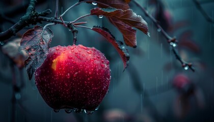 Macro close up of fresh apple with dew drops hanging on tree, wide banner with copy space
