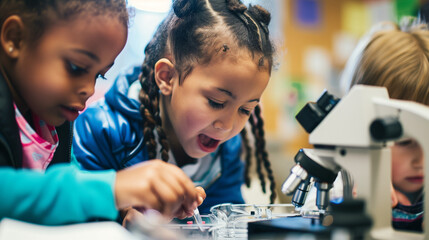 Students eagerly engage in science experiments, technology projects, engineering challenges, and math puzzles, illustrating the excitement of STEM education through hands-on learning.