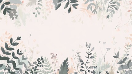 Fototapeta na wymiar Simple flat illustration of botanical background in delicate pastel colors with space for text for cards and wedding invitations