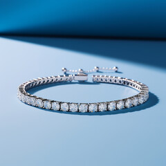 realistic diamond tennis bracelet photographed in a egg-blue studio background сreated with Generative Ai