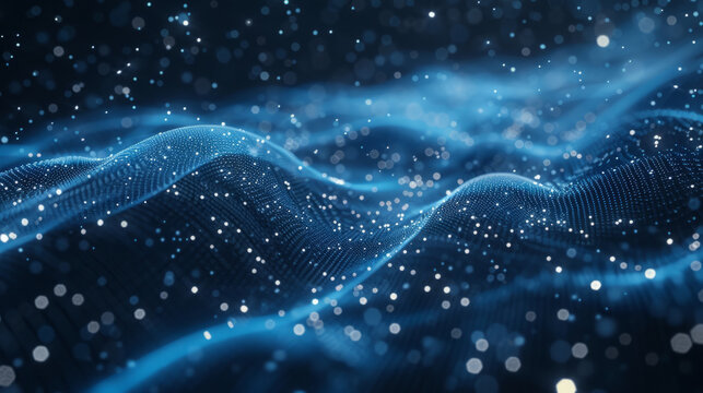 A visually captivating blue abstract background featuring a network grid and particles, creating a sense of connectivity and complexity.