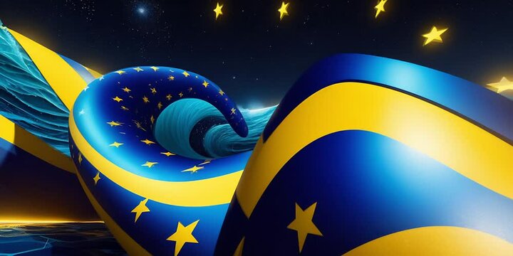 a digital art piece featuring celestial bodies with a strong space theme. The predominant colors are blue and yellow, with spirals and spherical shapes that give a sense of cosmic motion.