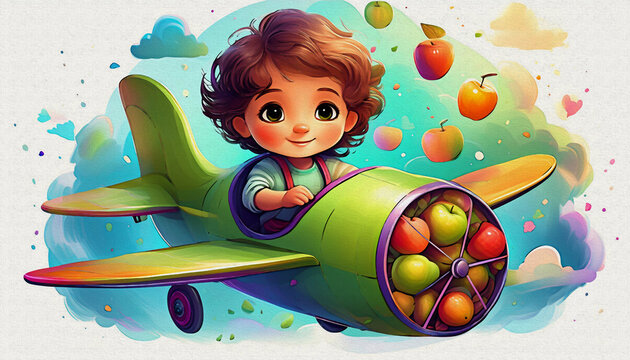 oil painting style CARTOON CHARACTER CUTE baby boy ride Stylish green plane isolated on white background, top view,