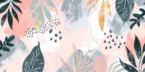 vector illustration of boho abstract shapes and tropical leaves, pastel colors