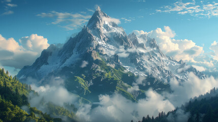 A serene mountain landscape with a majestic peak set against a pristine and unspoiled wilderness.