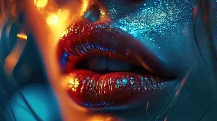 Fotobehang Colored Paint on A Gorgeous Woman Wet Lips With Colorful Lipstick Blurry Background © BlueMistFilmStudios