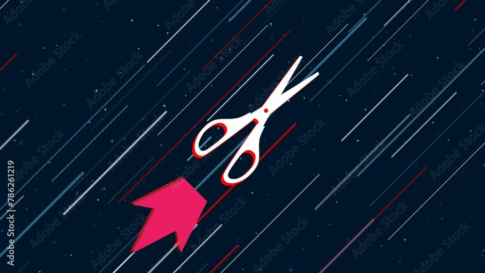 Poster scissors symbol flies through the universe on a jet propulsion. the symbol in the center is shaking 