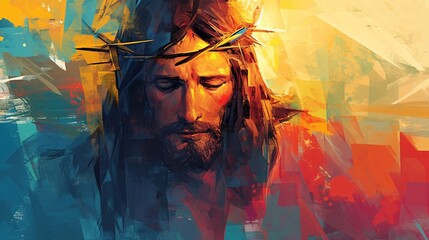 Jesus Christ with crown of thorns on his head. Abstract vector illustration. - obrazy, fototapety, plakaty