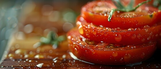 Vibrant Tomato Layers with Dewdrops - Freshness Personified. Concept Food Photography, Fresh Ingredients, Composition Techniques, Lighting Tricks, Food Styling