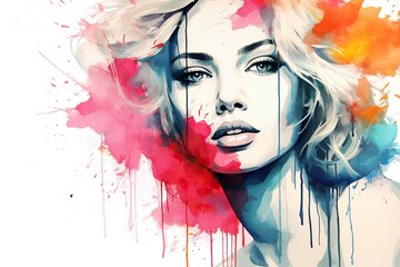 A woman's face is painted with bright colours and splatters of paint