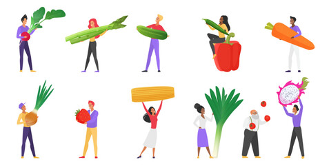 Healthy food, vegetarian diet set. Tiny people hold fresh fruits and vegetables collection, characters carry organic strawberry and tomato, asparagus and onion, cucumber cartoon vector illustration