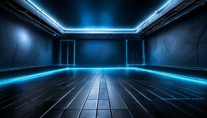 Wallpaper  Triangle tunnel or corridor sepia colors neon glowing lights. Laser lines and LED technology create glow in dark room. Cyber club neon light stage room. - obrazy, fototapety, plakaty