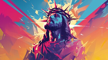 Jesus Christ with crown of thorns on his head. Abstract vector illustration. - obrazy, fototapety, plakaty