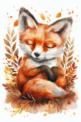 Fototapeta premium Watercolor painting of a cute baby red fox sleeping with a happy smile and a crescent moon tail, isolated for a baby room or nursery room frame.