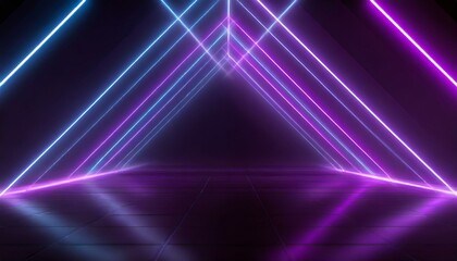 Wallpaper  Triangle tunnel or corridor sepia colors neon glowing lights. Laser lines and LED technology create glow in dark room. Cyber club neon light stage room. - obrazy, fototapety, plakaty