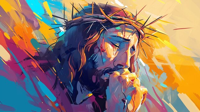Jesus Christ with crown of thorns on his head. Abstract vector illustration.