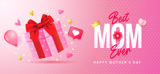 Best MOM Ever, Happy Mother's day concept with 3d gift box. I love you MOM, template design for banner. Vector illustration