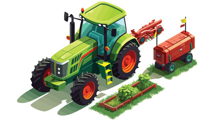 Isometric tractor with agricultural equipment set. isolated