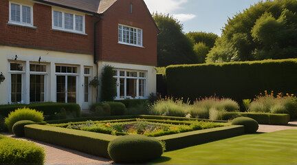 A House with English style Garden with hedges in front ground. Large open green lawn, under sunlight, english