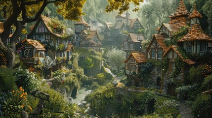 A whimsical scene featuring a charming village nestled in a picturesque countryside, with quaint cottages, winding streets, and lush greenery.