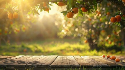 Naklejka na ściany i meble Tree Table wood Podium in farm display for food, perfume, and other products on nature background, Table in farm with orange tree and grass, Sunlight at morning 