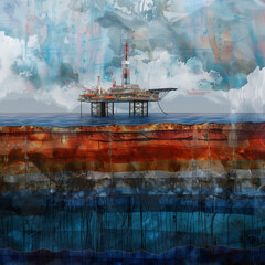 oil platform at sea with a cross section of rock strata layers underground below the seabed
