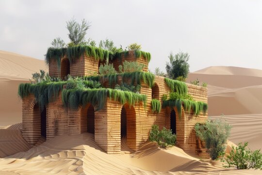 Photograph of an architecture building in the desert made from rammed earth walls with greenery on top. The background is sand dunes.