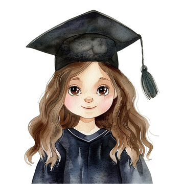  Proud little girl graduate in cap and gown with a big smile, marking a milestone in early education, graduation watercolor illustration