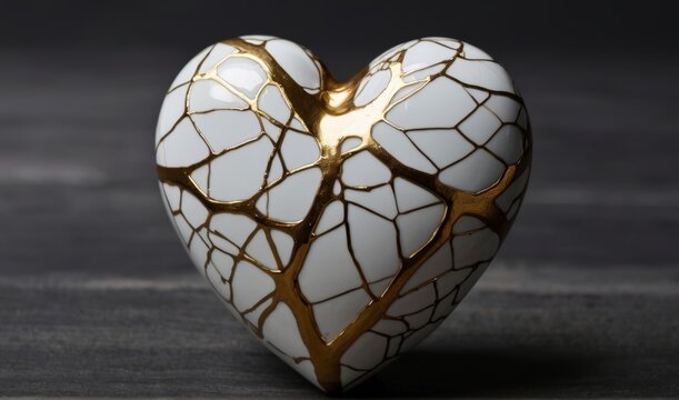 Kintsugi Upcycled white porcelain ceramic heart with golden cracks details. Kintsugi kintsukuroi golden repair is the Japanese art of repairing broken pottery
