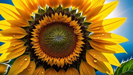 Sunflower with water drops on the petals. Close-up.