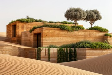 Photograph of an architecture building in the desert made from rammed earth walls with greenery on top. The background is sand dunes. - obrazy, fototapety, plakaty