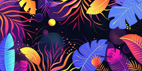vector illustration of boho abstract shapes and tropical leaves, neon colors