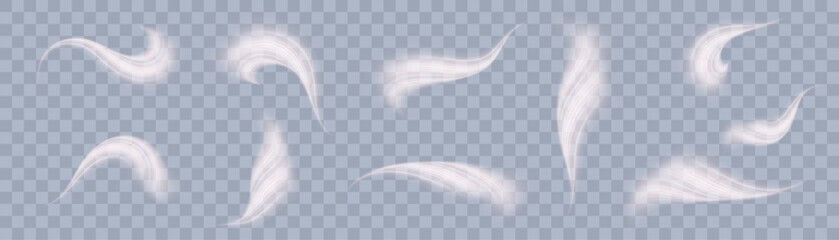Visualization of air or water flow. Set of transparent air flow wave effects. vector png