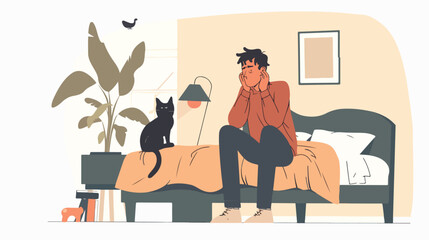 Exhausted man in morning flat vector illustration.