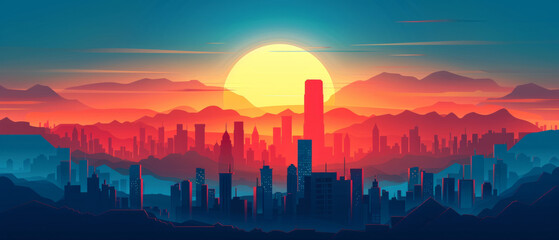 Minimalistic vector illustration of a city skyline at sunrise, simple and modern design suitable for various creative projects.