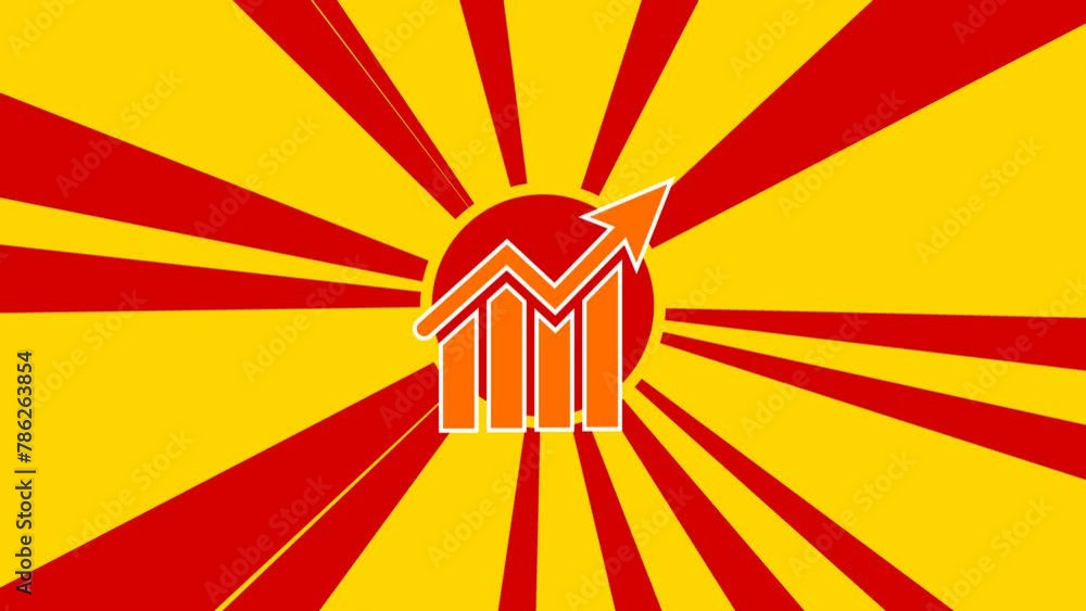 Poster chart up symbol on the background of animation from moving rays of the sun. large orange symbol incr