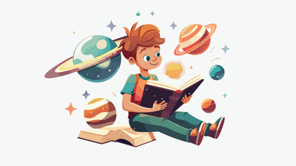 Kid reading book about outer space and planet 