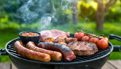 Lebensmittel, Grillen, Grillgerät steht im Garten, auf dem Grill liegen Fleisch und Würste, KI generiert