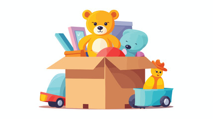 Kid toys collected in box. Cartoon vector illustration
