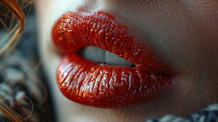 Beautiful Dark Red Women Lips With Red Lipstick