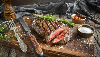 Lebensmittel, Speisen, Rindersteak gebraten, auf einem rustikalen Holzbrett, Steakmesser, KI generiert