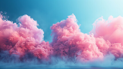 Abstract photograph of pink smoke puffs against a vibrant blue backdrop, resembling bold color blobs with a realistic hyper-detailed style. - obrazy, fototapety, plakaty
