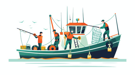 Fisher people in fishing vessel boat vector illustration