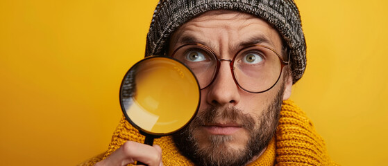 A quirky man investigates with a magnifying glass against a yellow background - obrazy, fototapety, plakaty