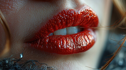 Pretty Women Dark Red Lips With Red Lipstick Macro View